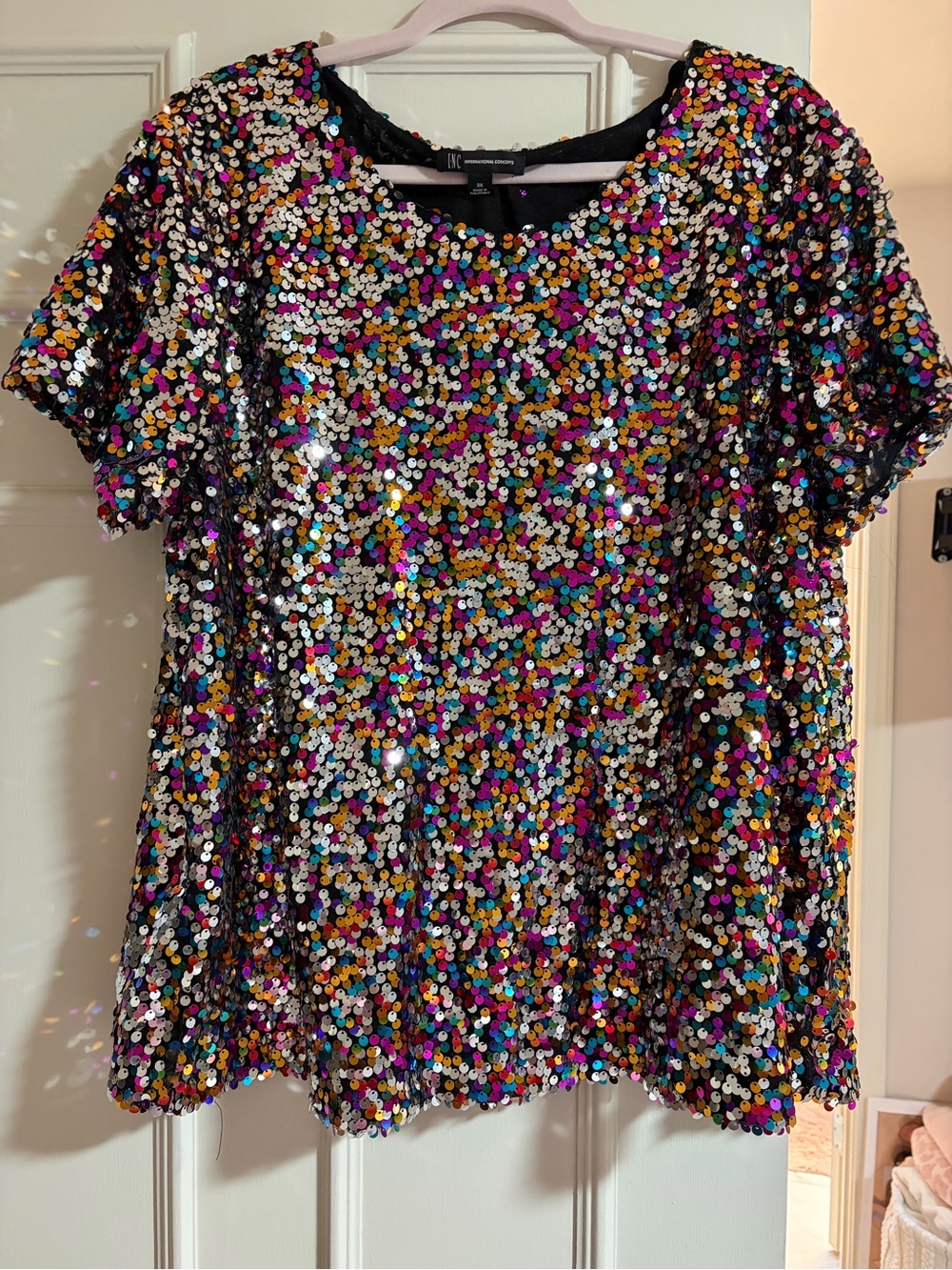 INC International Concepts Multicolor Sequin Short Sleeve Top